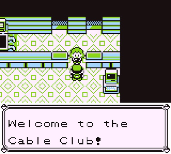 Pokémon screen shot with "Welcome to the Cable Club!" text bubble