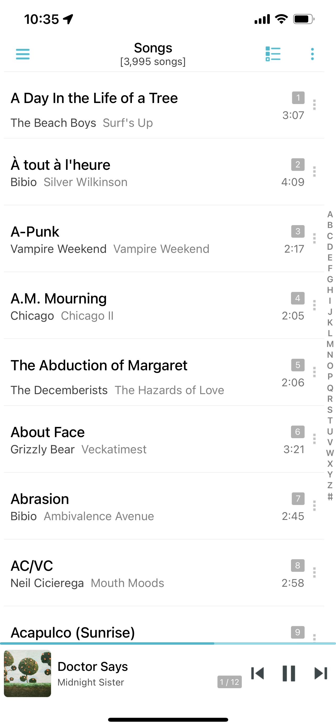 Image of my jetAudio Songs page in light mode