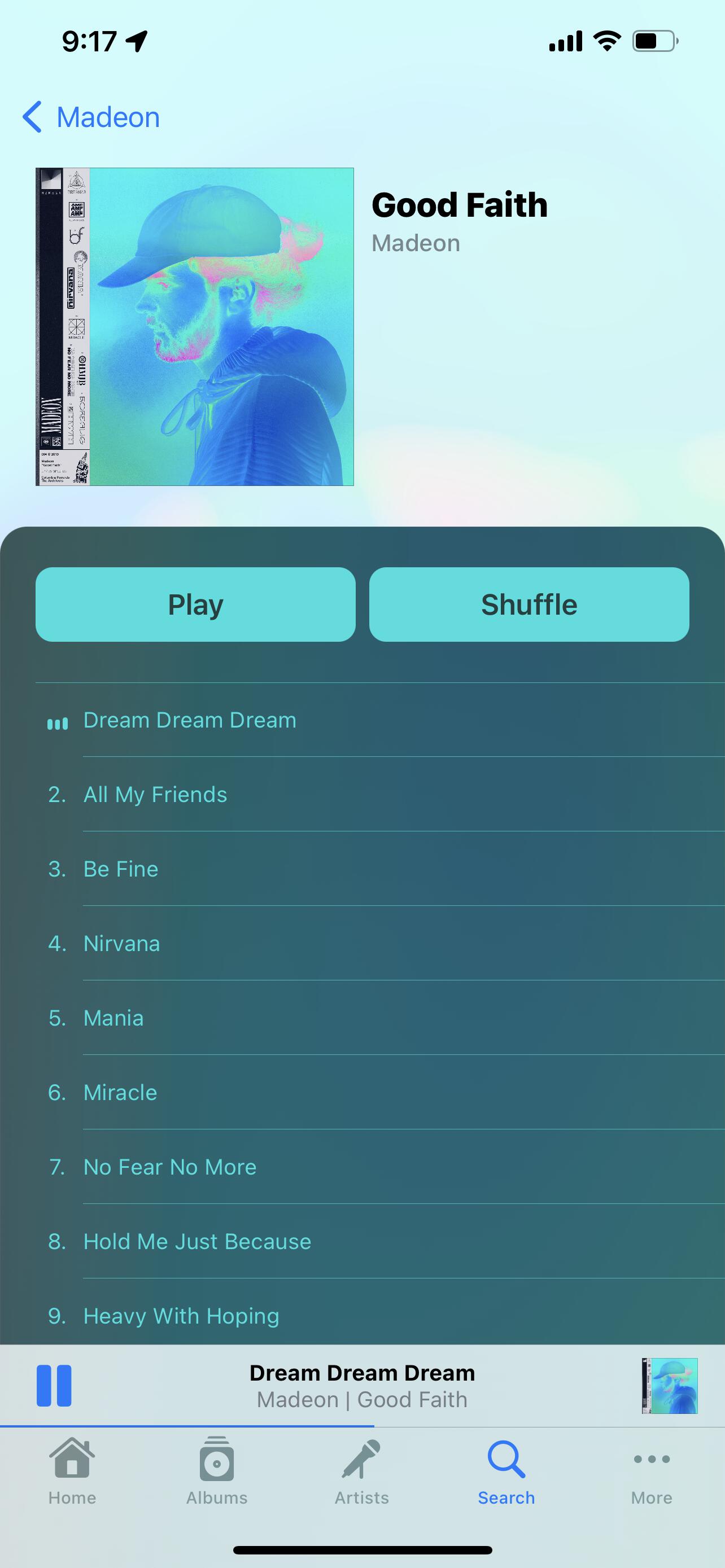 Image of the album view in light mode with a predominantly blue record