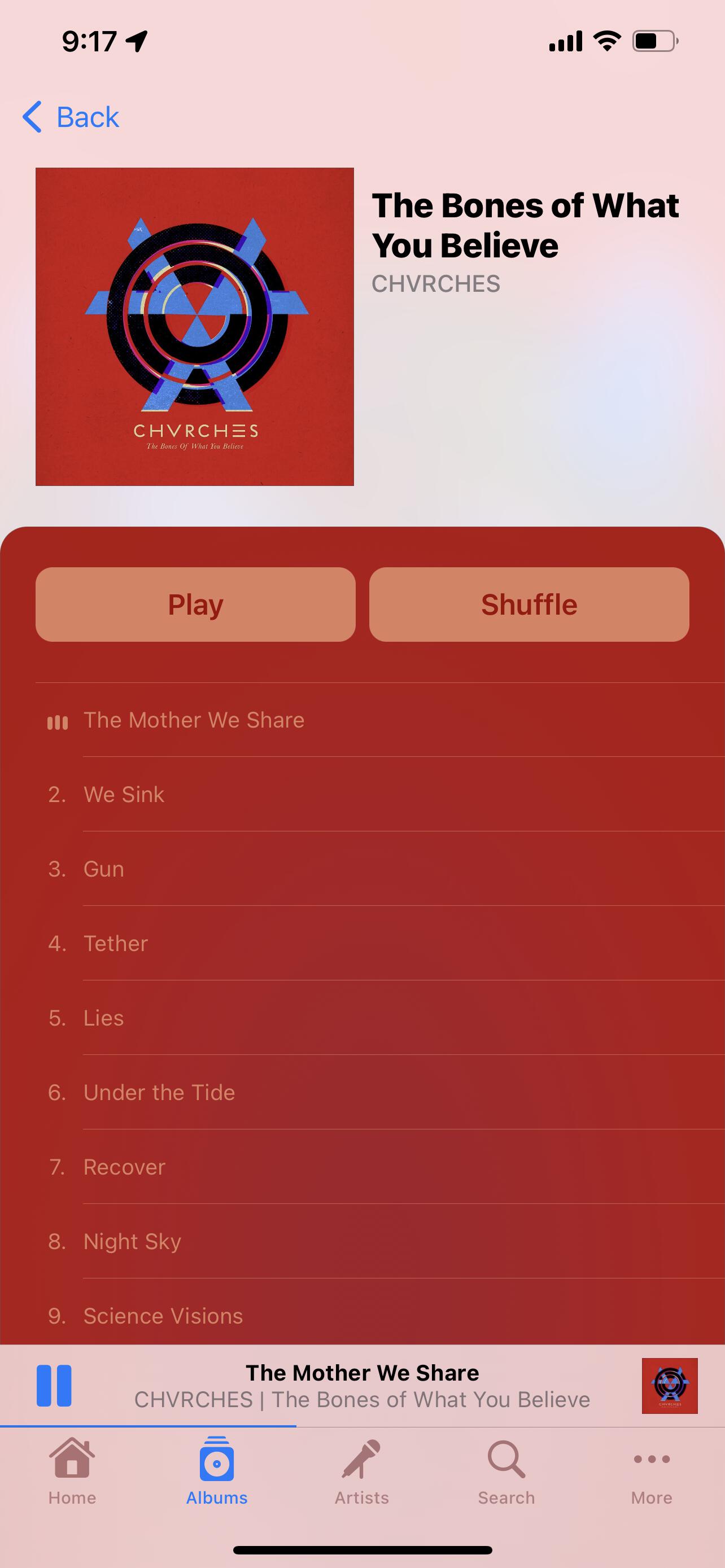 Image of the album view in light mode with a predominantly red record