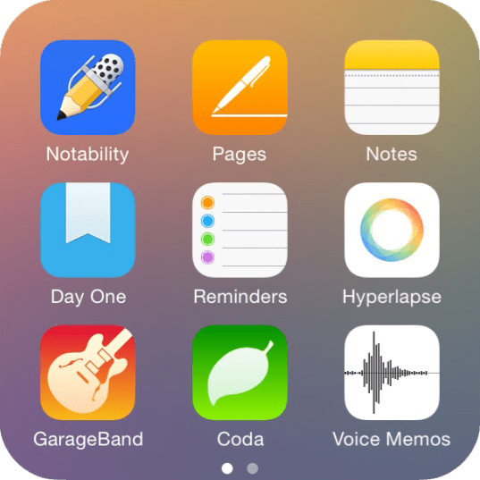 iOS app folder called Creative, page 1 contains Notability, Pages, Notes, Day One, Reminders, Hyperlapse, GarageBand, Coda, and Voice Memos