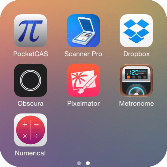 iOS app folder called Creative, page 2 contains PocketCAS, Scanner Pro, Dropbox, Obscura, Pixelmator, Metronome, and Numerical