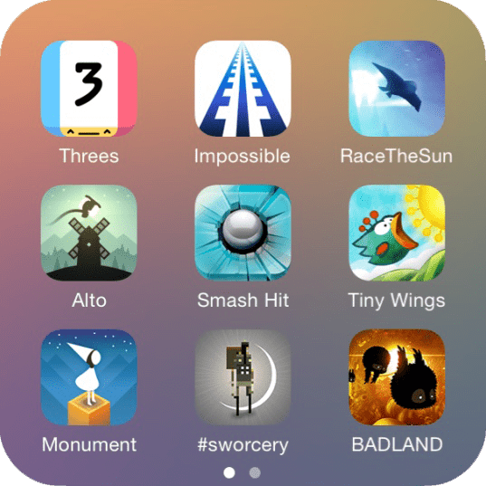 iOS app folder called Games, page 1 contains Threes, Impossible, RaceTheSun, Alto, Smash Hit, Tiny Wings, Monument, #sworcery, and BADLAND