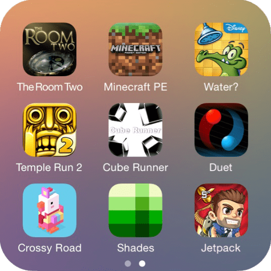 iOS app folder called Games, page 2 contains The Roow Two, Minecraft PE, Dude Where's My Water, Temple Run 2, Cube Runner, Duet, Crossy Road, Shades, and Jetpack
