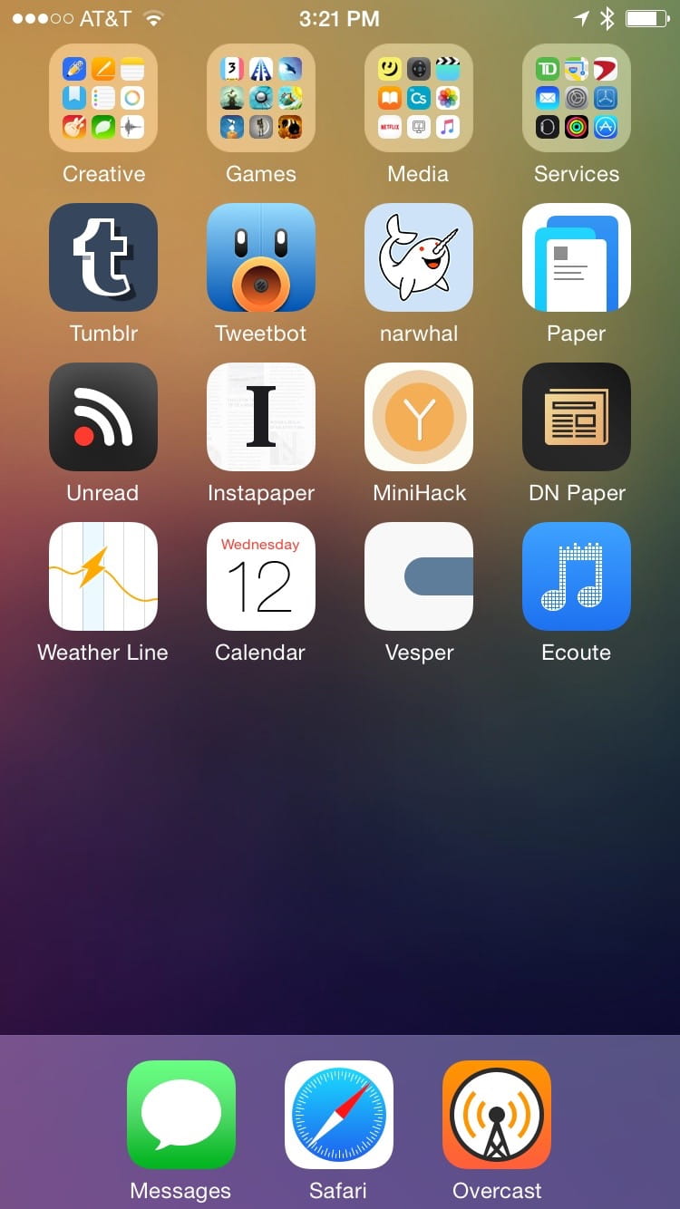 My iOS Homescreen, contains folders Creative, Games, Media, and Services in the first row, then Tumblr, Tweetbot, narwhal, Paper, Unread, Instapaper, MiniHack, DN Paper, Weather Line, Calendar, Vesper, and Ecoute. In the dock there are Messages, Safari, and Overcast