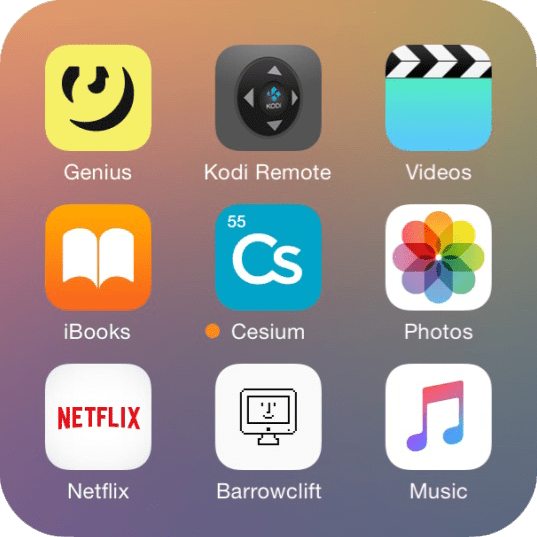 iOS app folder called Media, page 1 contains Genius, Kodi Remote, Videos, iBooks, Cesium, Photos, Netflix, Barrowclift.me web shortcut, and Music