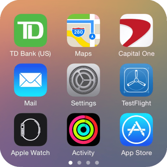 iOS app folder called Services, page 1 contains TD Bank, Maps, Capital One, Mail, Settings, TestFlight, Apple Watch, Activity, and App Store