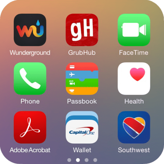 iOS app folder called Services, page 2 contains Wunderground, GrubHub, FaceTime, Phone, Passbook, Health, Adobe Acrobat, Wallet, and Southwest