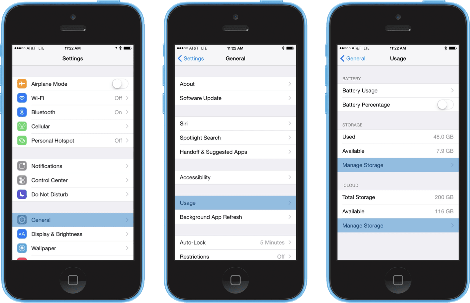 iOS Settings screenshots showing "Usage" location