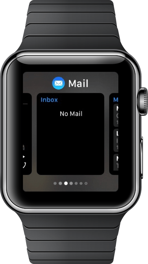 A screenshot of the new dock in watchOS 3, with the "Mail" app preview showing "No Mail".