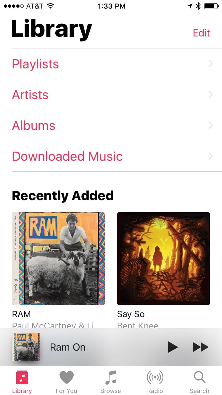 A screenshot of the "Library" tab in the redesigned Music app in iOS 10. There's a sub-menu at the very top containing "Playlists", "Artists", "Albums", and "Downloaded". There's barely any room left on the screen for anything else!