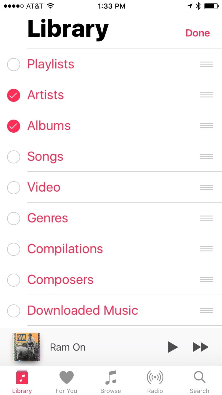 A screenshot of that same "Library" tab in the redesigned Music app in iOS 10, except now the "Edit" button has been tapped and only “Artists” and "Albums" are checked in the list.