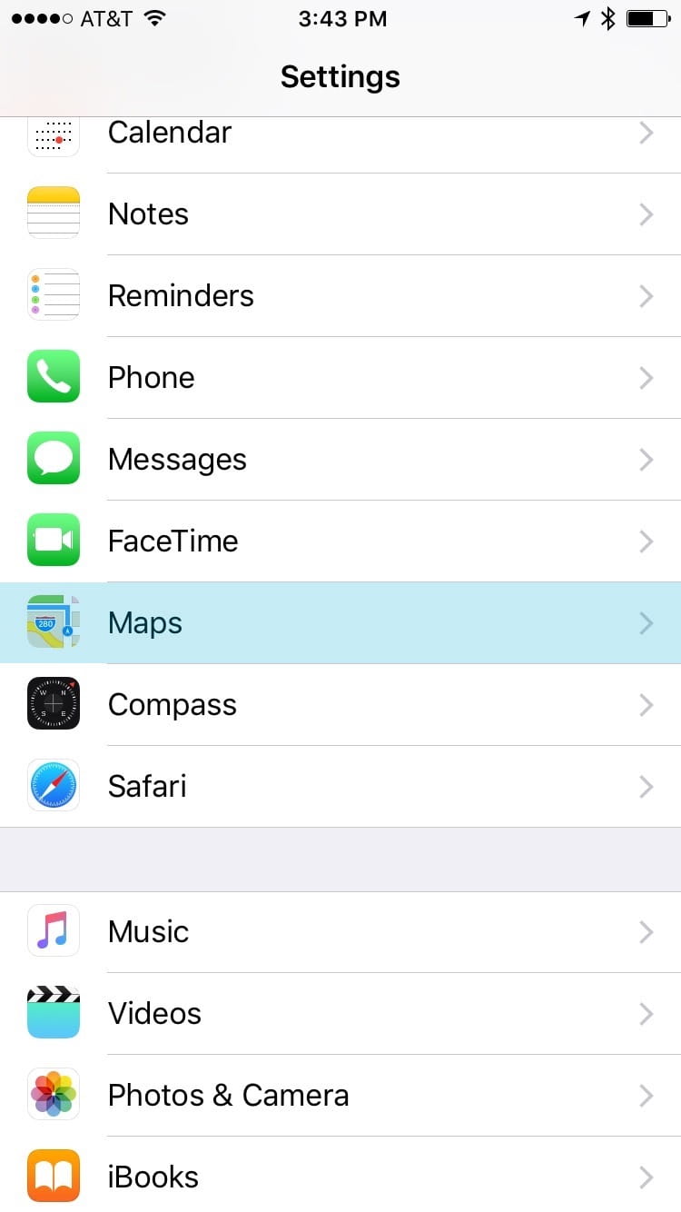 A screenshot of the Settings app with the "Maps" menu item highlighted.