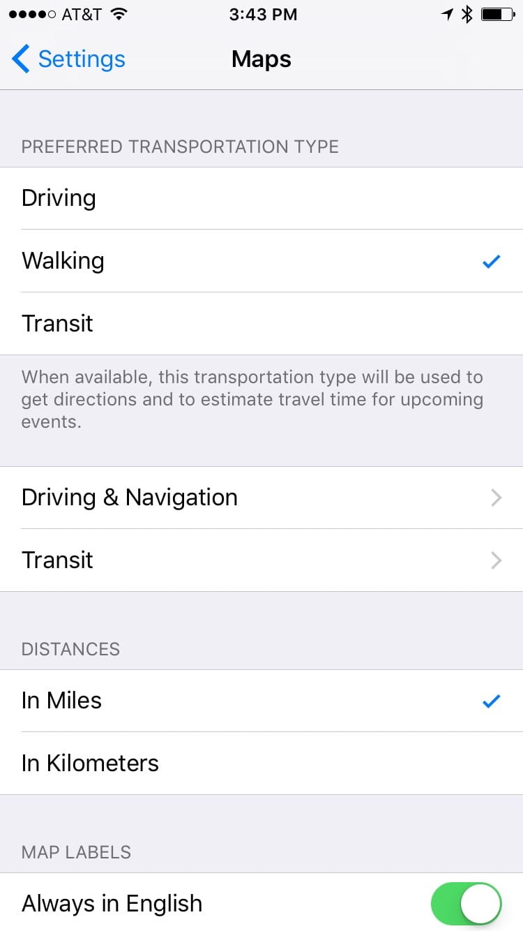 A screenshot of the "Maps" preferences pane in the Settings app with the Preferred Transportation Type "Walking" checked.