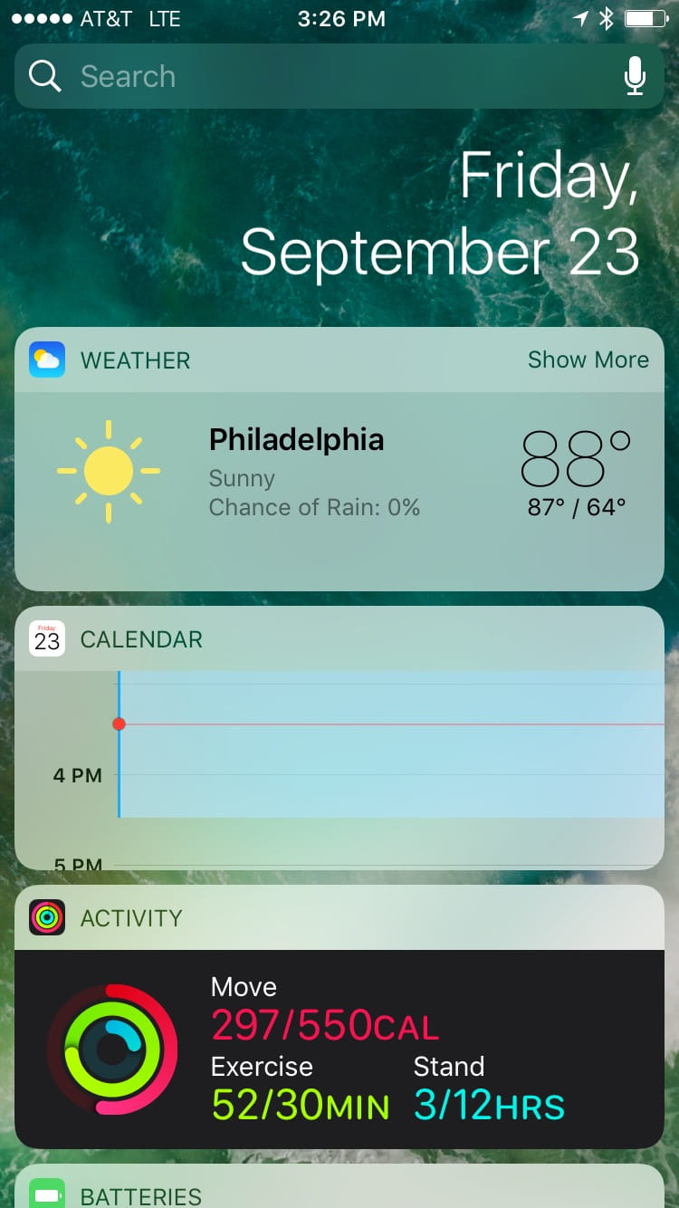 A screenshot of the new widgets view in iOS 10, showing Weather, Calendar, and Activity widgets.