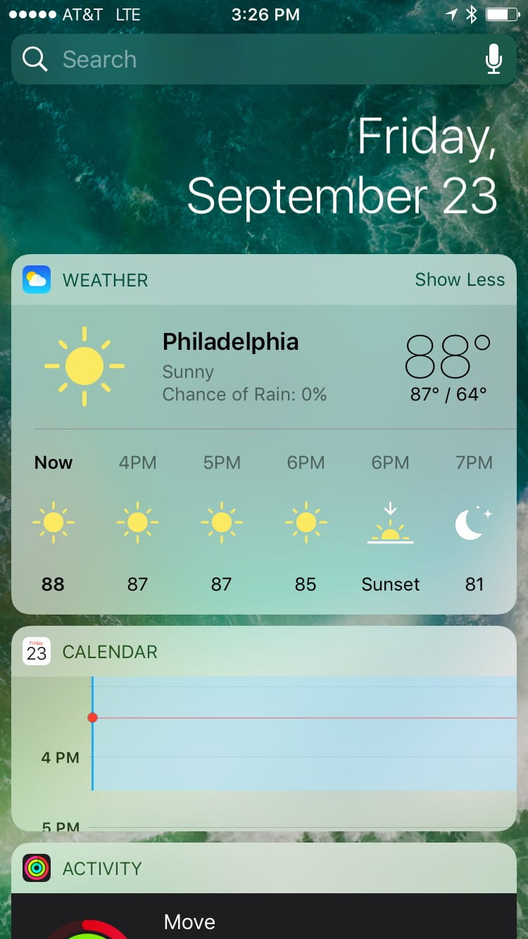 Another screenshot of that widgets view in iOS 10, this time with Weather expanded to additionally show the week's forecast.