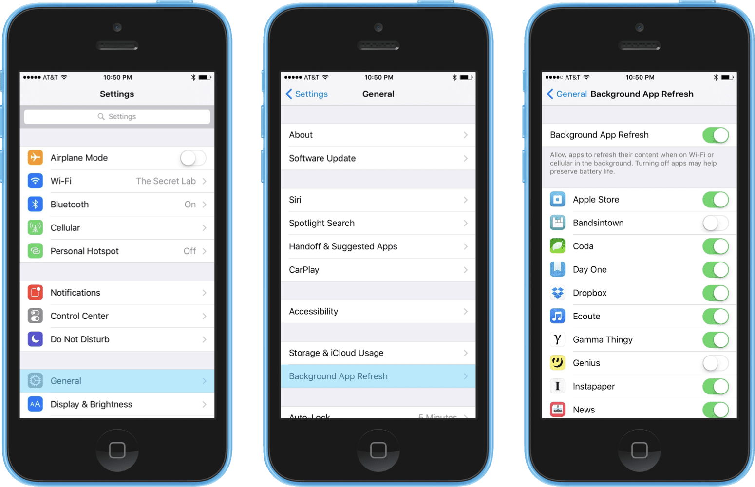iOS Background App Refresh settings screens