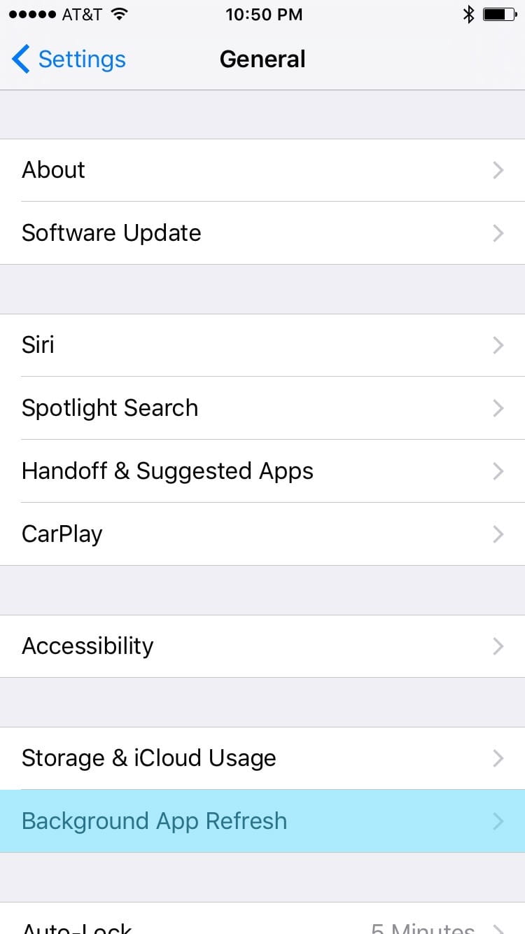 iOS General Settings Screen, Usage list item highlighted