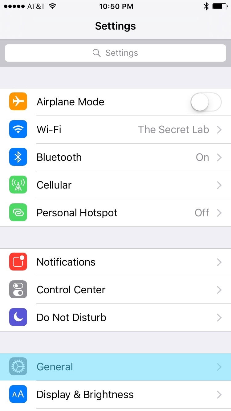 iOS Settings Screen, General list item highlighted