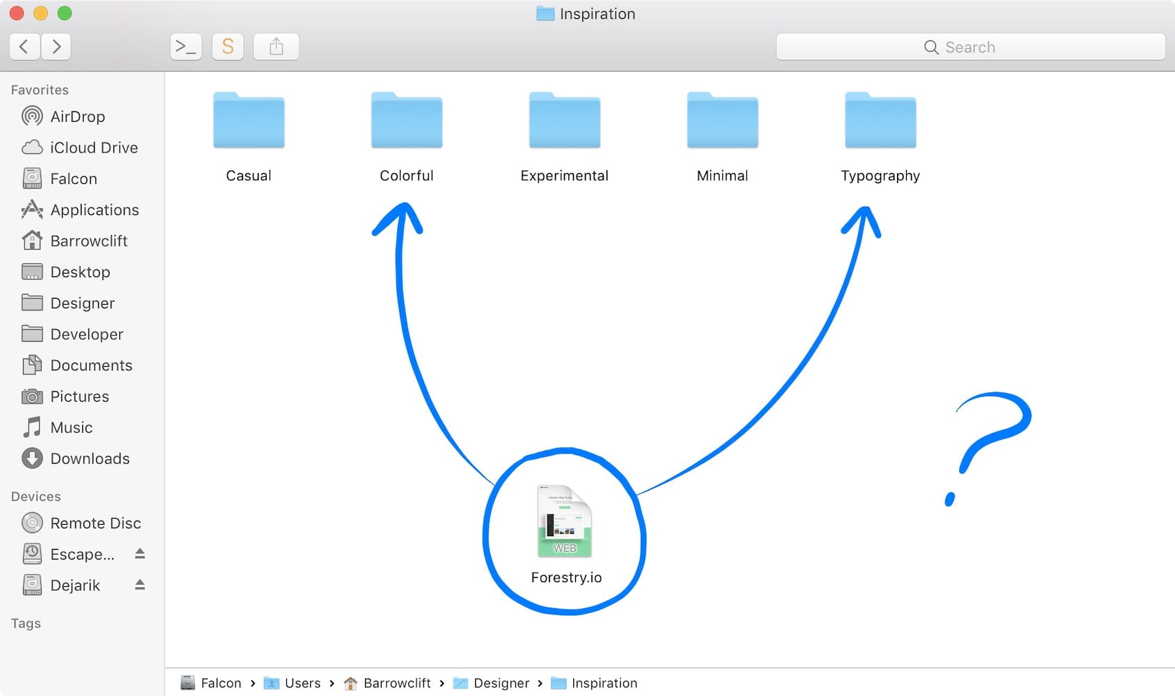 A screenshot of a macOS Finder window demonstrating that an example web page could belong to both a "Colorful" folder as well as a "Typography" folder