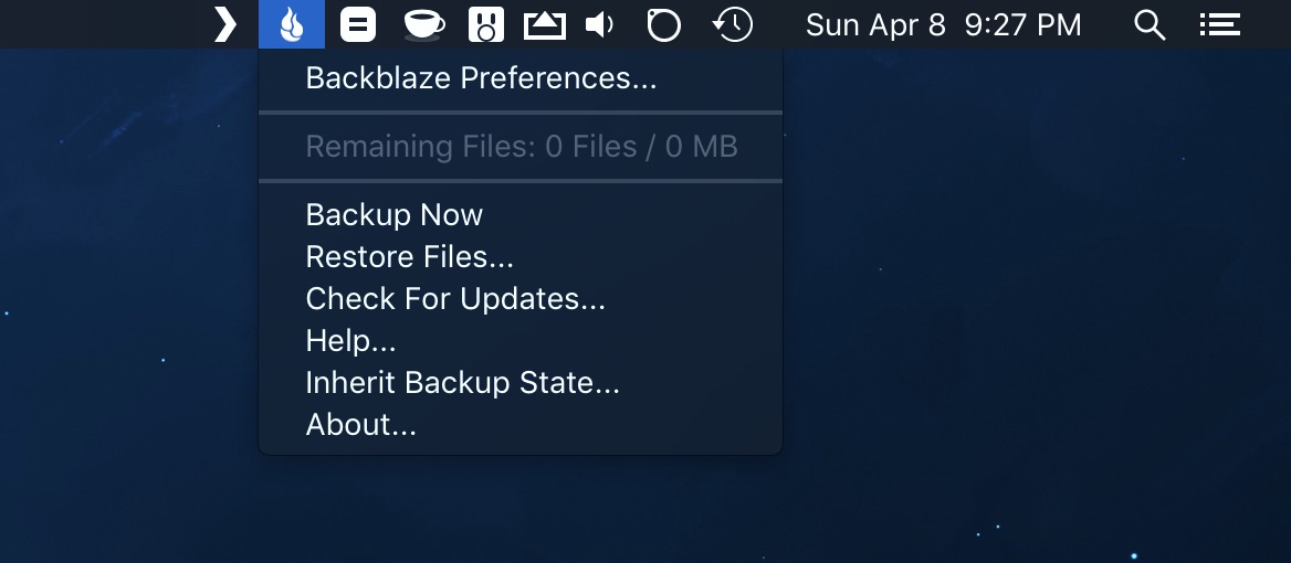 A screenshot of Backblaze's menu bar icon and available menu options